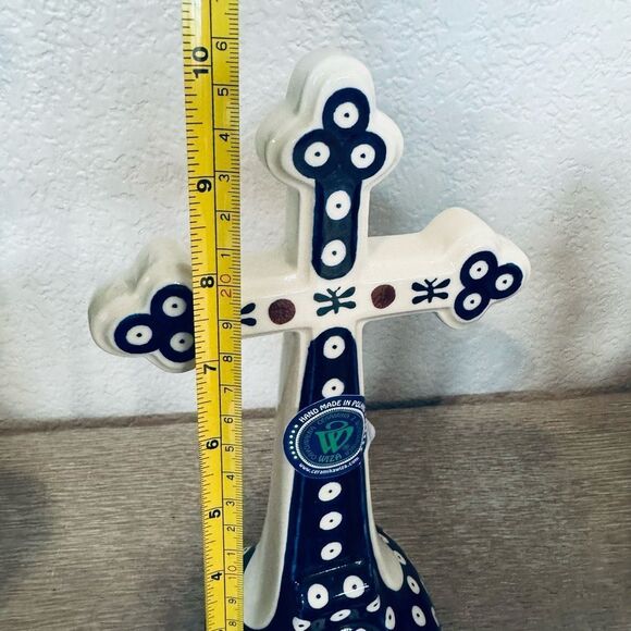 Boleslawiec Polish Pottery Peacock Circles Ceramic Cross Statue - Picture 3 of 4